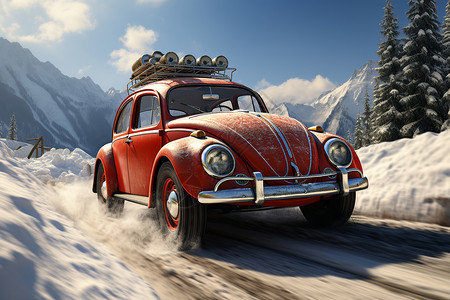 红色车辆穿越雪地图片