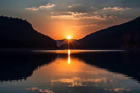 湖面的日出美景傍晚高清图片素材