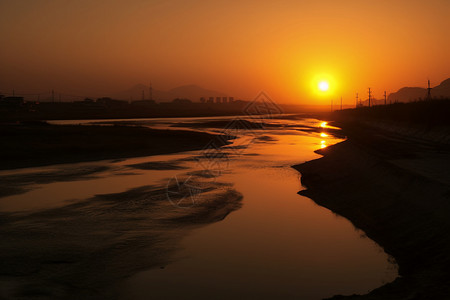 黄昏时分的河畔日落高清图片素材