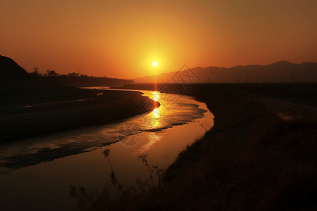 日落时分的河流山脉高清图片素材