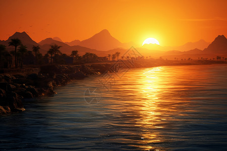 日落时的山水风景水域高清图片素材