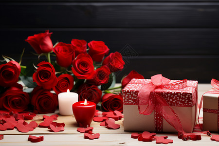 玫瑰花旁的节日礼物背景图片