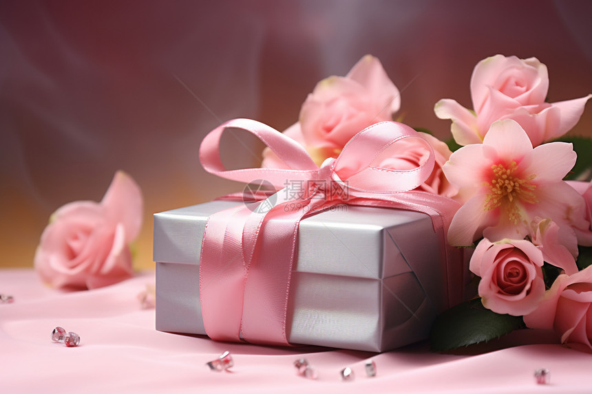 花朵簇拥中的礼盒图片