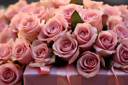礼盒上的粉玫瑰图片