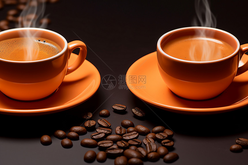 两杯冒着热气的咖啡图片