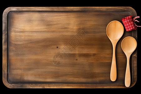 木制叉子木板上的勺子背景