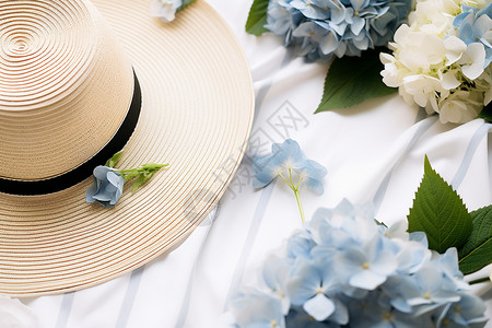 竹林和绣球蓝白花环和帽子背景
