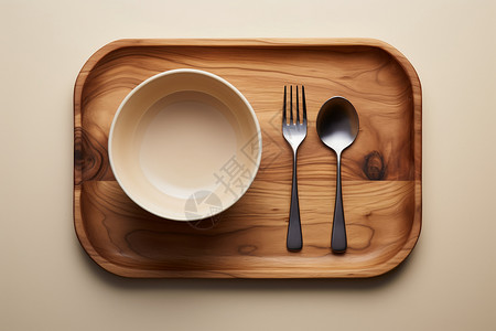 木制叉子托盘上摆放的餐具背景