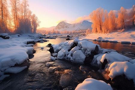 夕阳与雪景图片