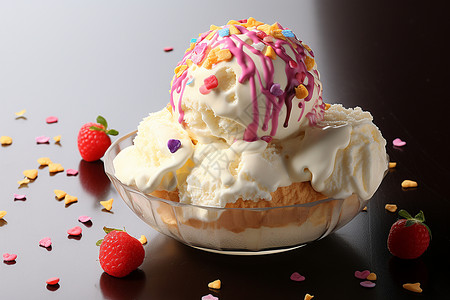 草莓味冰激凌盘子里的甜品背景