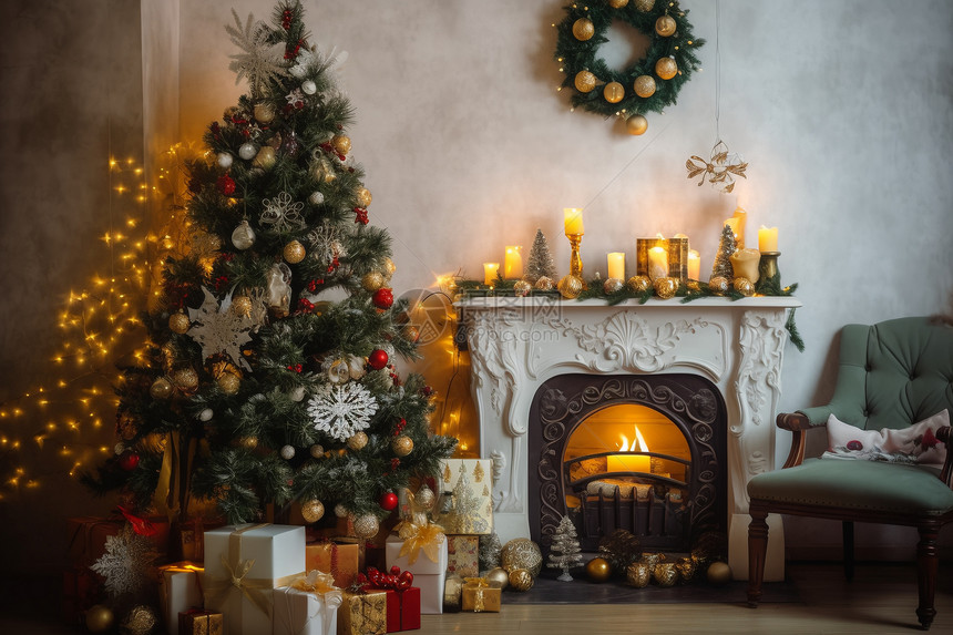 圣诞树和壁炉图片