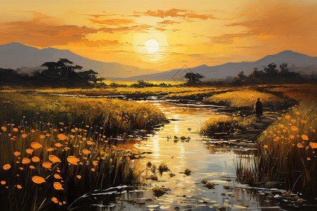 夕阳下的金色稻田图片