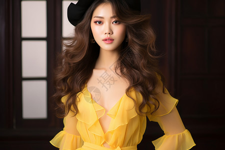 黄裙黑帽长发美女图片