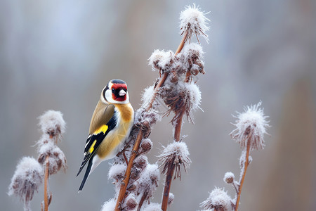 冬季觅食的小鸟积雪植物上的小鸟背景