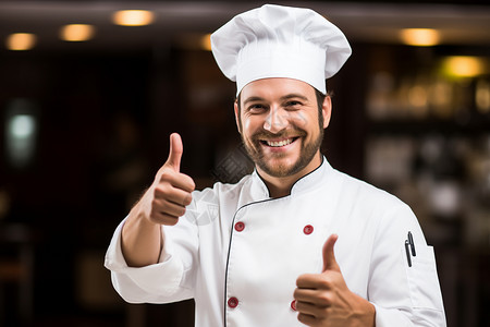 年轻的厨师微笑着竖起大拇指高清图片