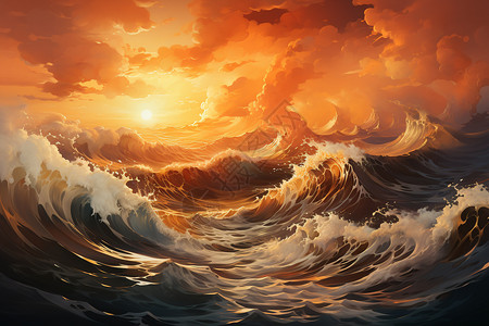 夕阳海洋油画图片