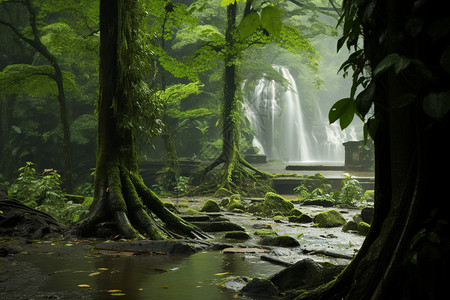 潮湿森林里的瀑布图片