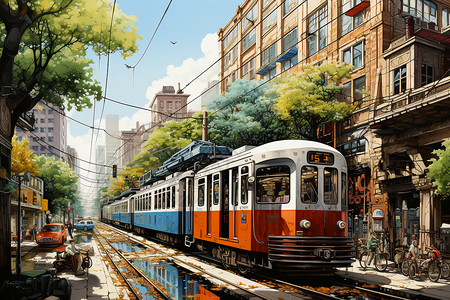 城市街道间的轨道列车图片