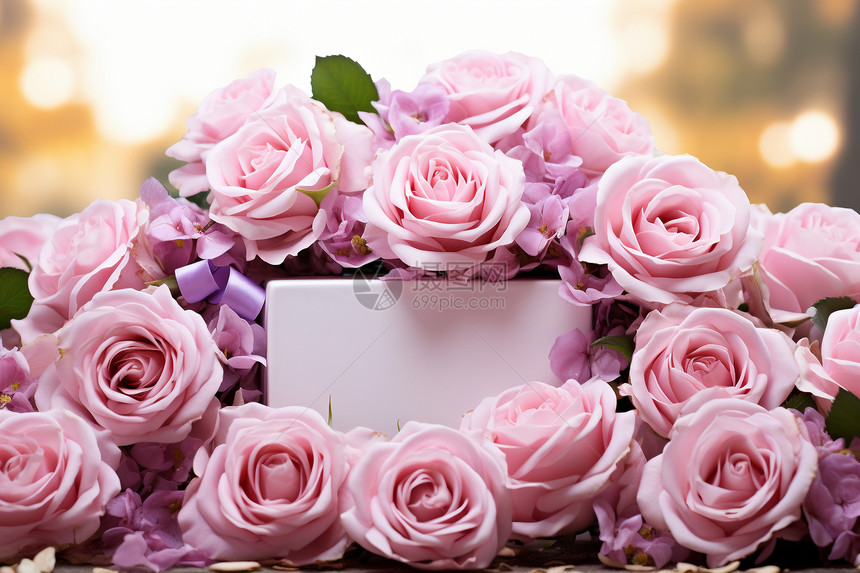 玫瑰花中间的礼物盒图片