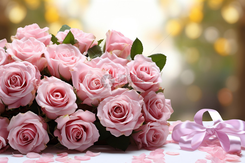 桌子上浪漫的玫瑰花束图片