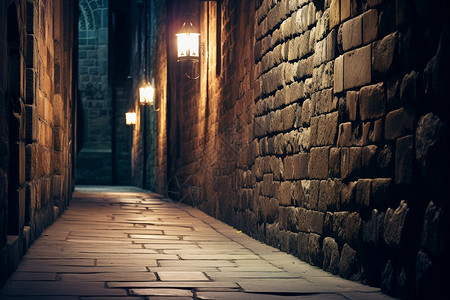 黑暗巷道中的石墙高清图片