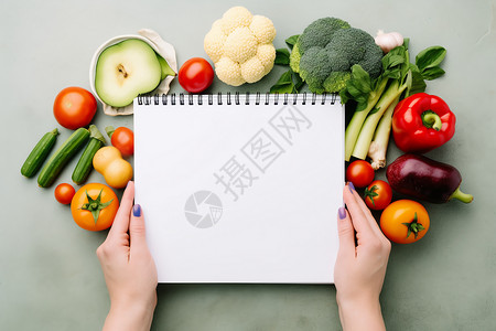 记录美食笔记本放在蔬菜中间背景