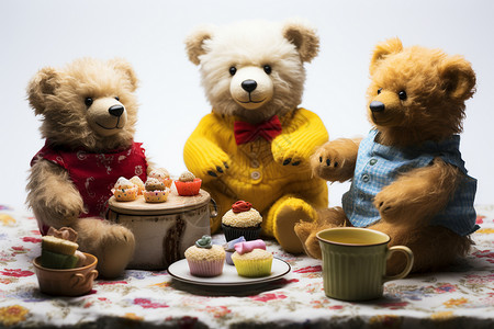 卡通桌布三只可爱的泰迪熊享受下午茶背景