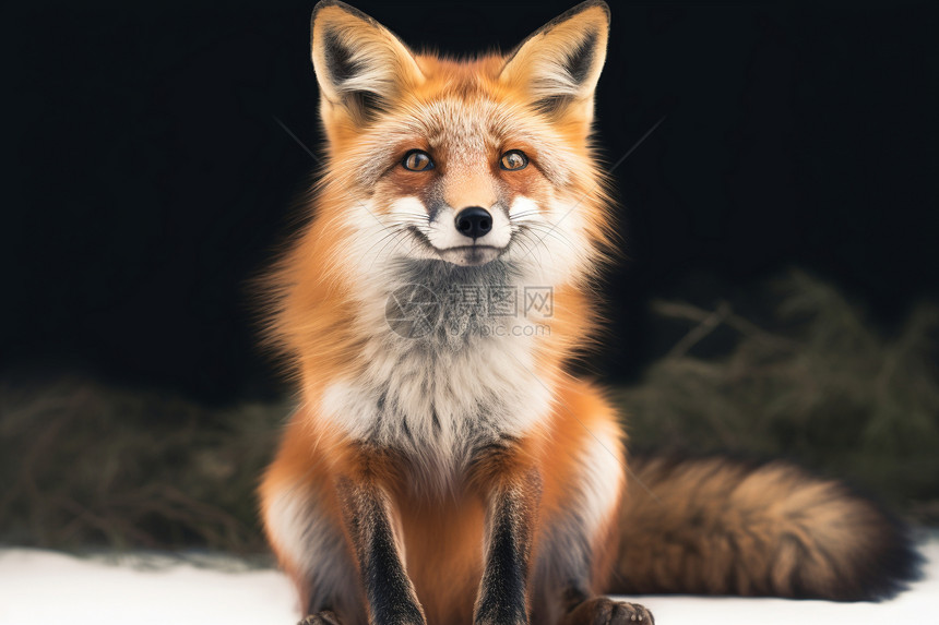 红狐狸在雪地上坐着图片