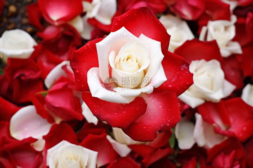 花瓣飘落的红白玫瑰图片