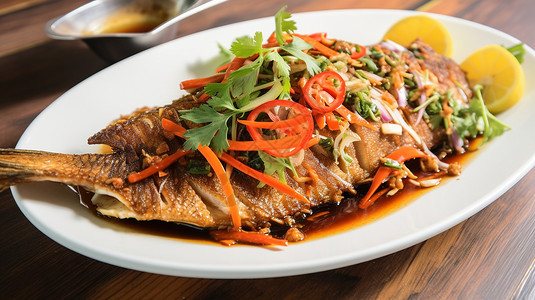 美味鱼肉桌子上的红烧鱼背景