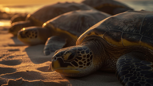 沙滩晒太阳一群乌龟在海滩上晒太阳背景