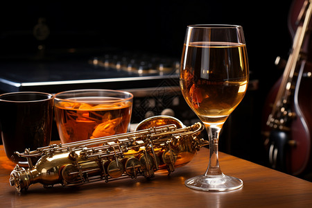 桌上的乐器和美酒背景图片