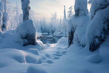 树林雪地上的脚印图片