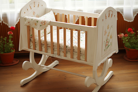 婴儿床上新白色木制婴儿床背景