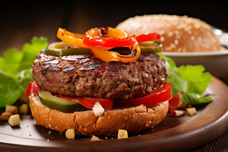 牛肉大汉堡健康美味的汉堡与沙拉背景