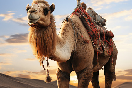 双峰驼在沙漠中背着鞍具行走高清图片