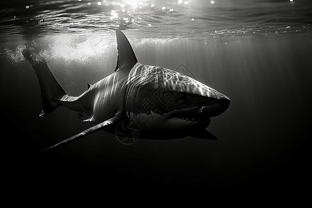 深海中猛烈游动的鲨鱼背景图片