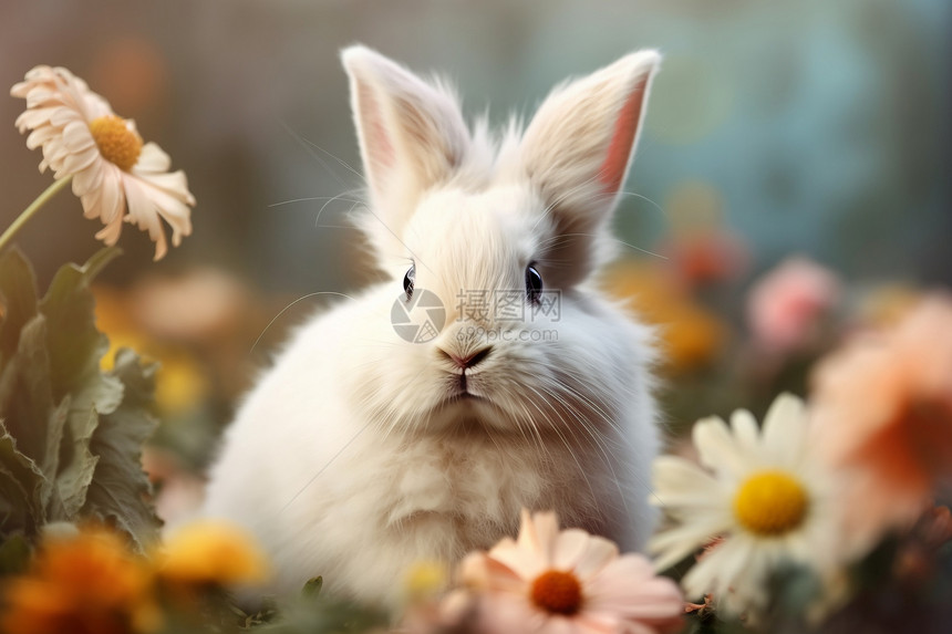 可爱的兔子与多彩花海交相辉映图片