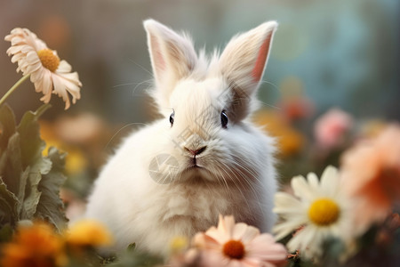 可爱的兔子与多彩花海交相辉映背景图片