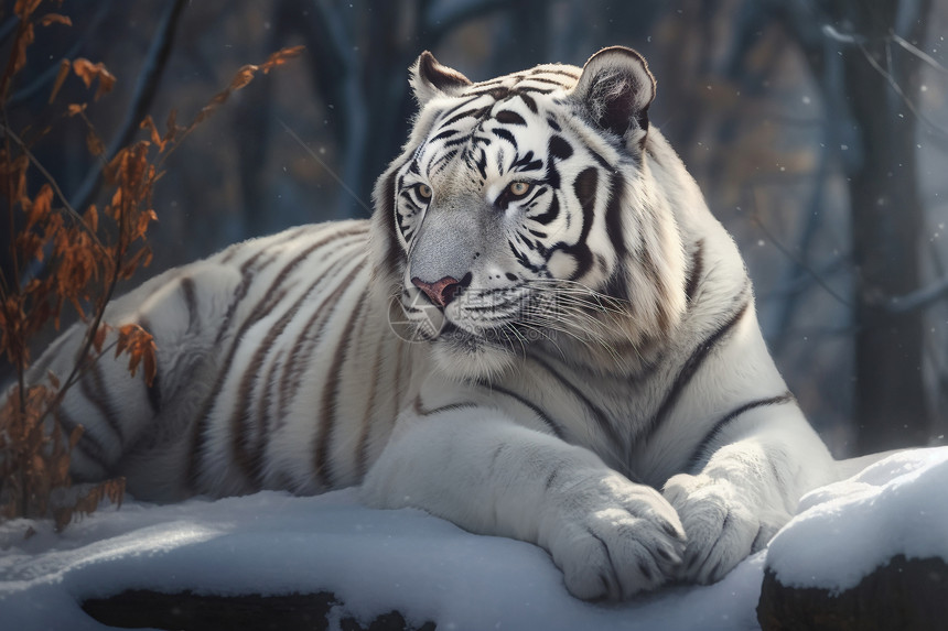 白虎趴在雪地里图片
