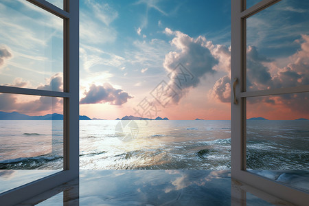 夕阳窗户夕阳下的海浪设计图片