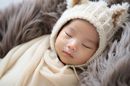 可爱的新生儿戴羊毛帽子睡觉高清图片