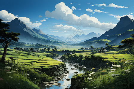 蓝天下的河流稻田图片