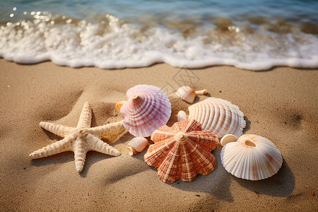 夏日海岸边的贝壳背景图片
