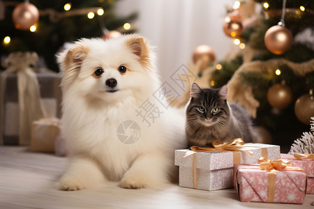 圣诞树旁的猫和狗高清图片
