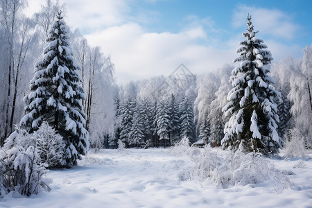 云杉树木风景白雪皑皑的公园背景