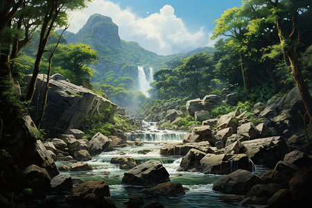 丛林瀑布的美丽风景图片