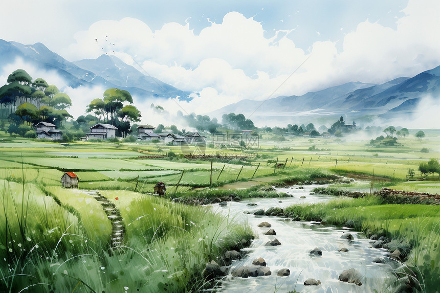 美丽的水彩插图：稻田乡村中的牛耕劳动图片