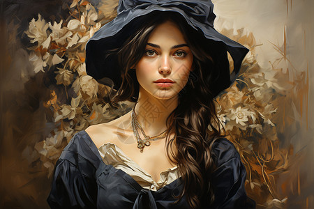 戴着黑色帽子的女人肖像画背景图片