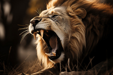 雄狮在草原上咆哮高清图片